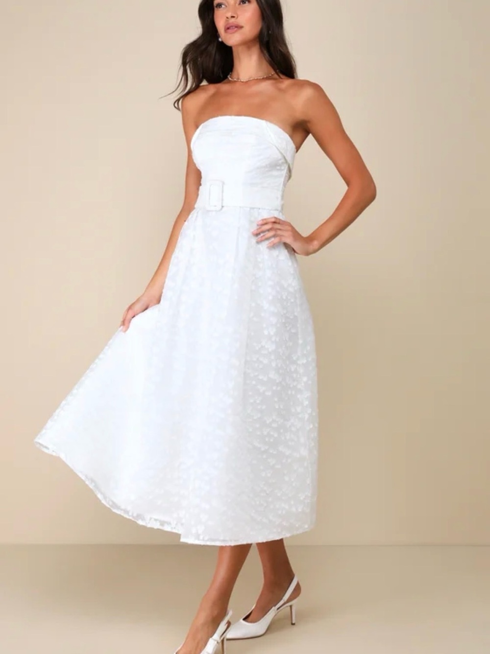 Lulus Enviable Grace White Burnout Strapless Belted Midi Dress - Picture 2 of 6